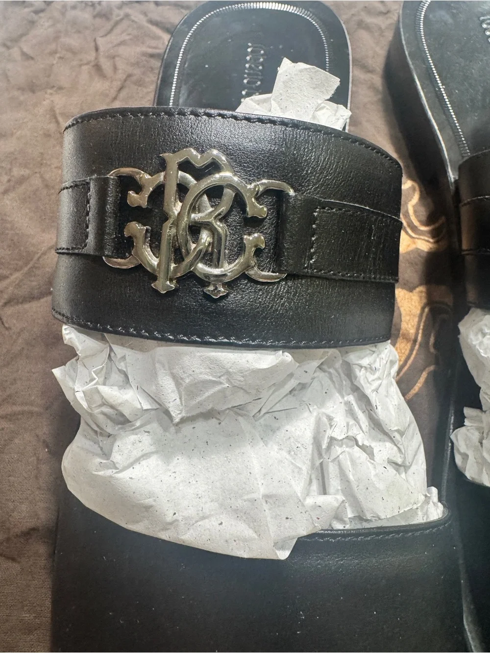 Roberto Cavalli Black Leather Slide Sandals with Metal Logo Accent